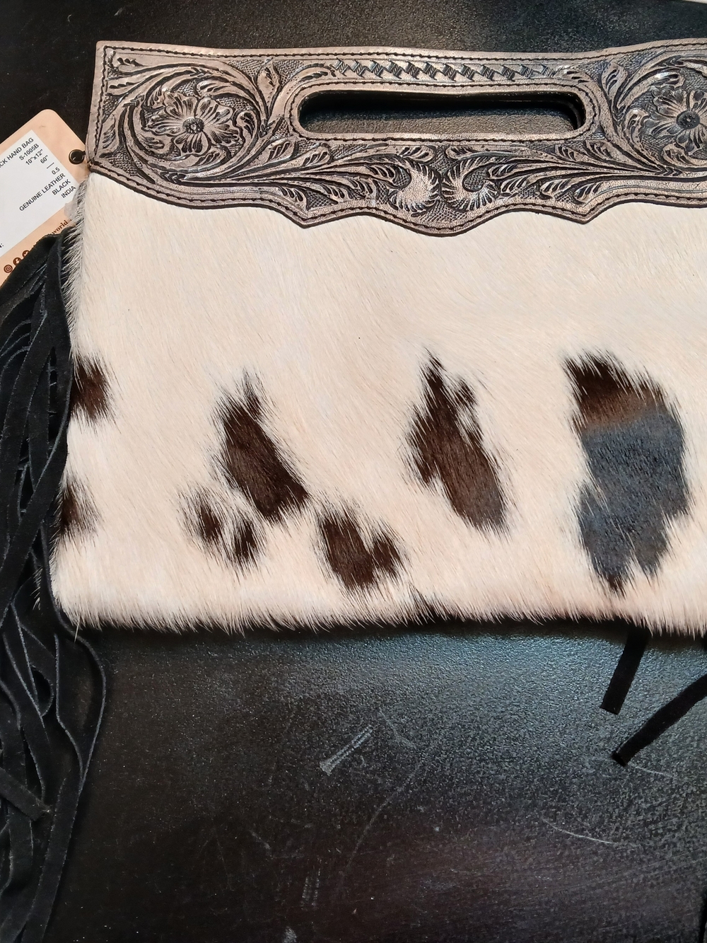 Cowhide Fringe Clutch with Tooled Leather Handle